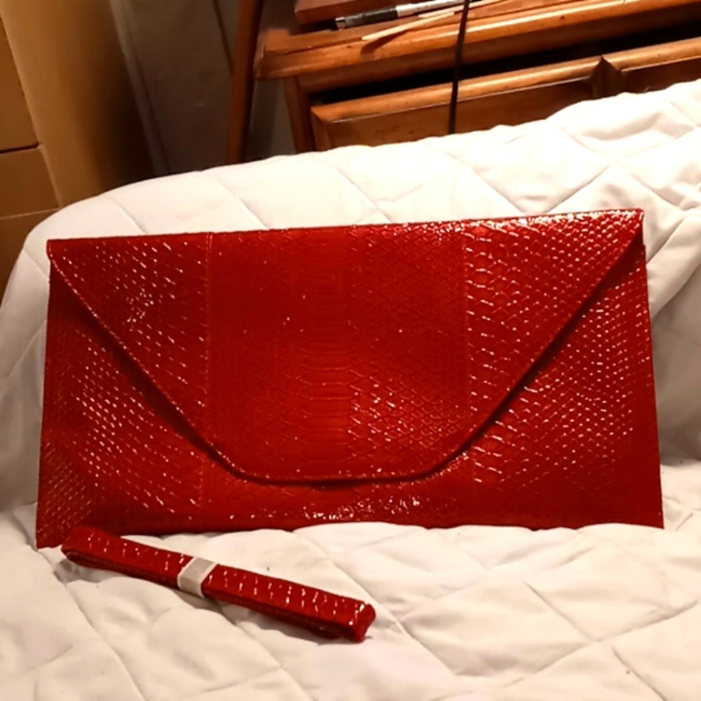 Red snake skin envelope clutch/crossbody